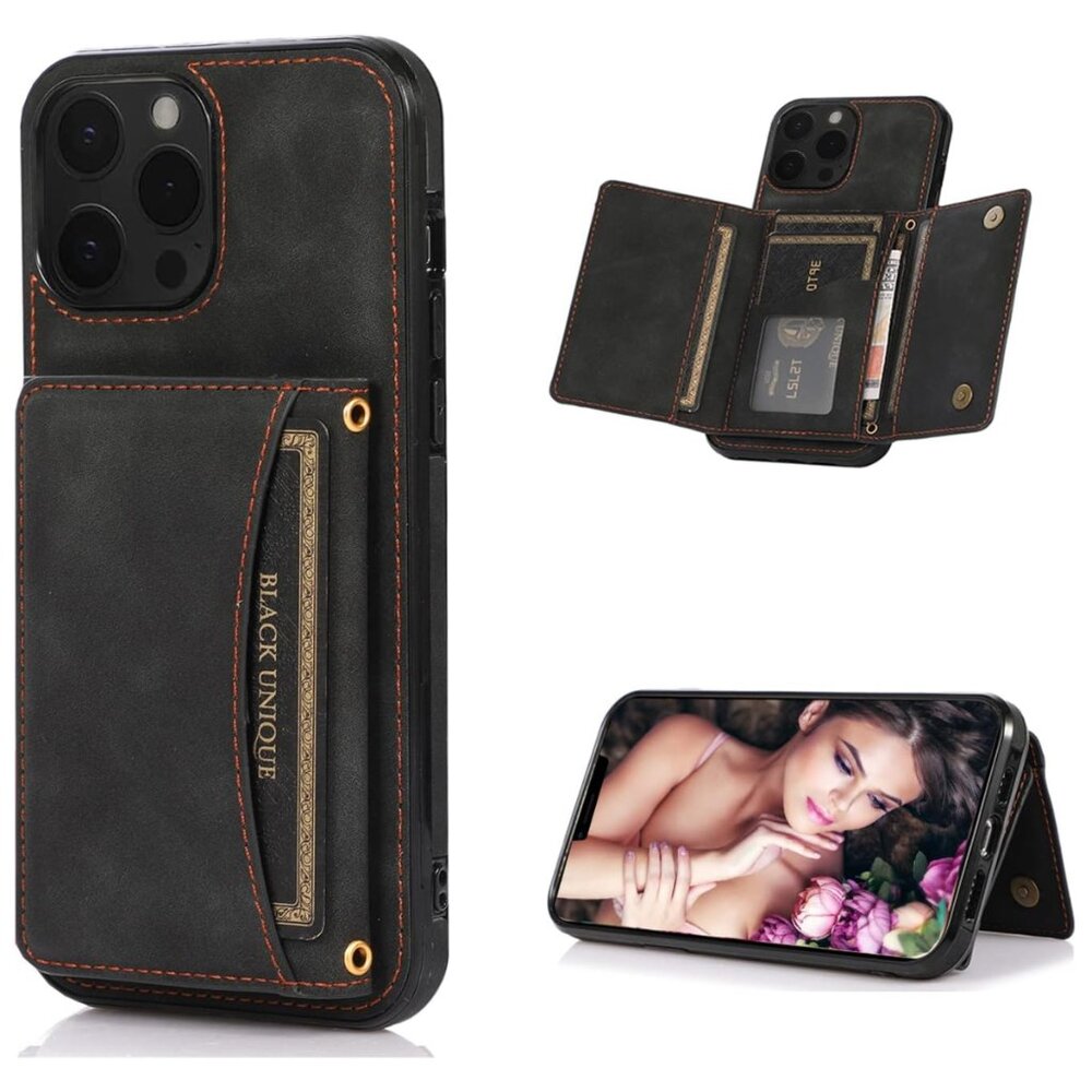 Luxury Wallet Case for iPhone 14 Pro – RFID Blocking, Card Holder & Stand